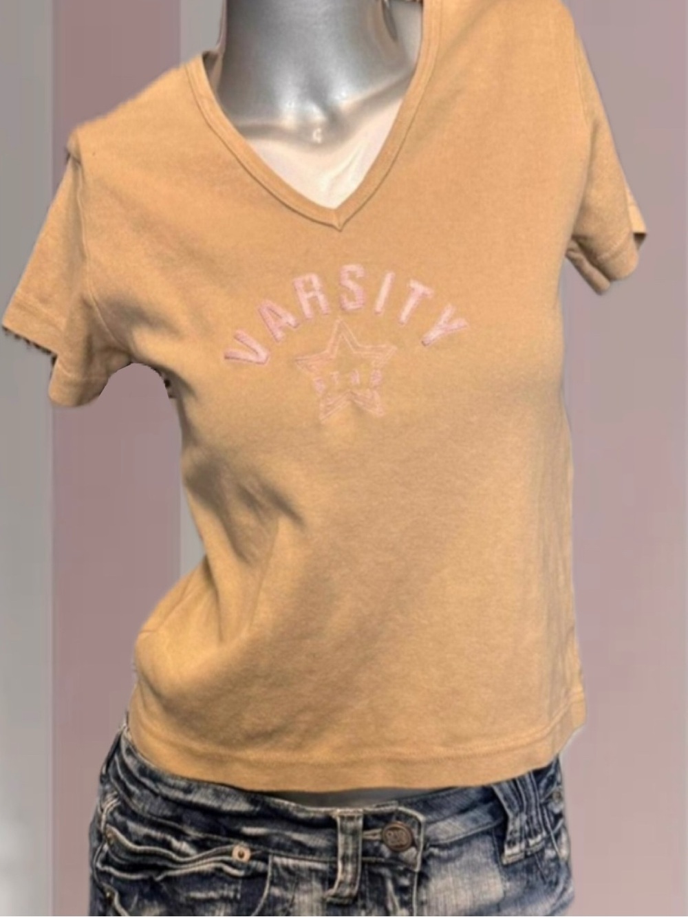 Vintage Y2K Dollface Varsity Star pink and tan baby tee